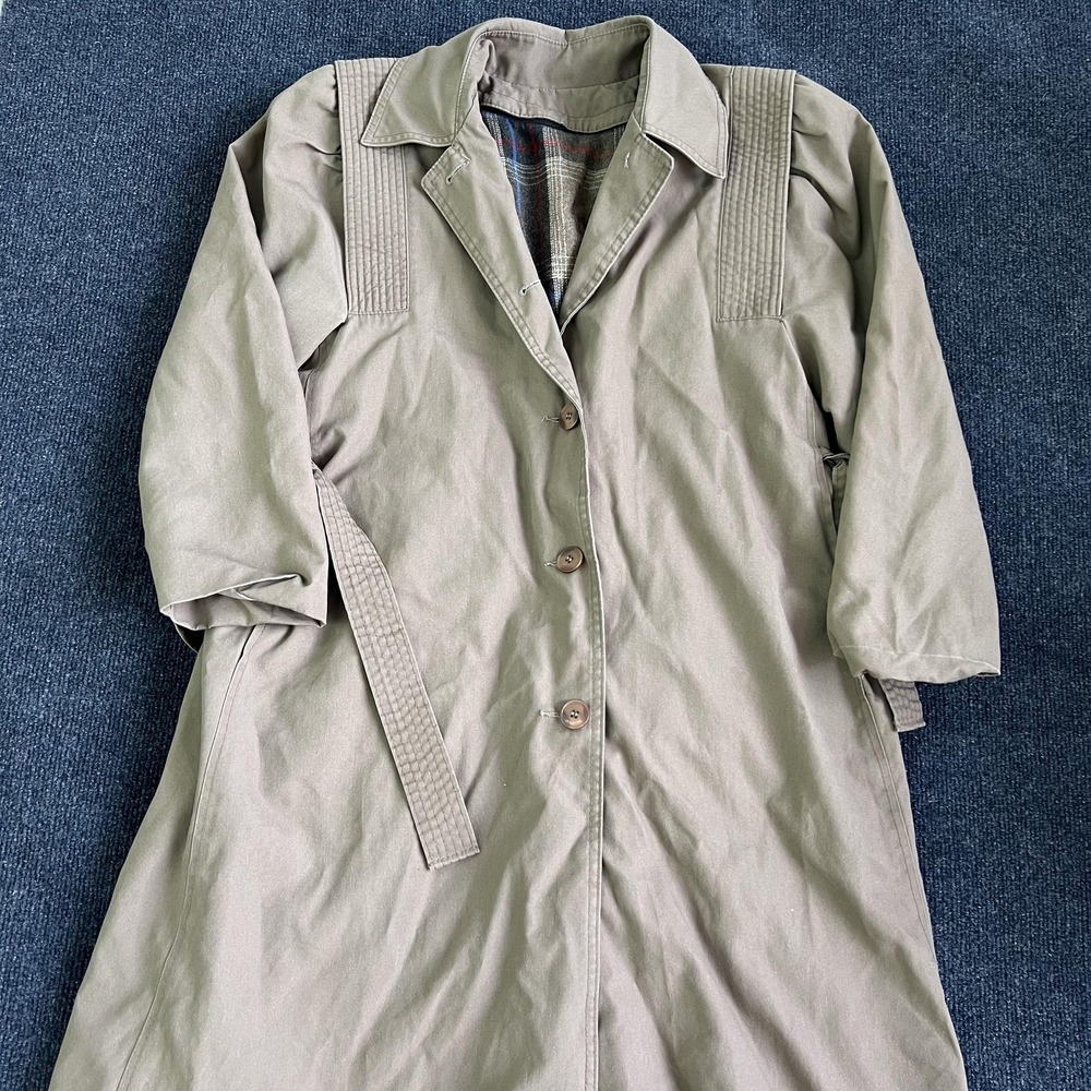 VTG Degrees Trench Coat Womens Medium Beige Cotton Twill Long Belted Plaid Lined